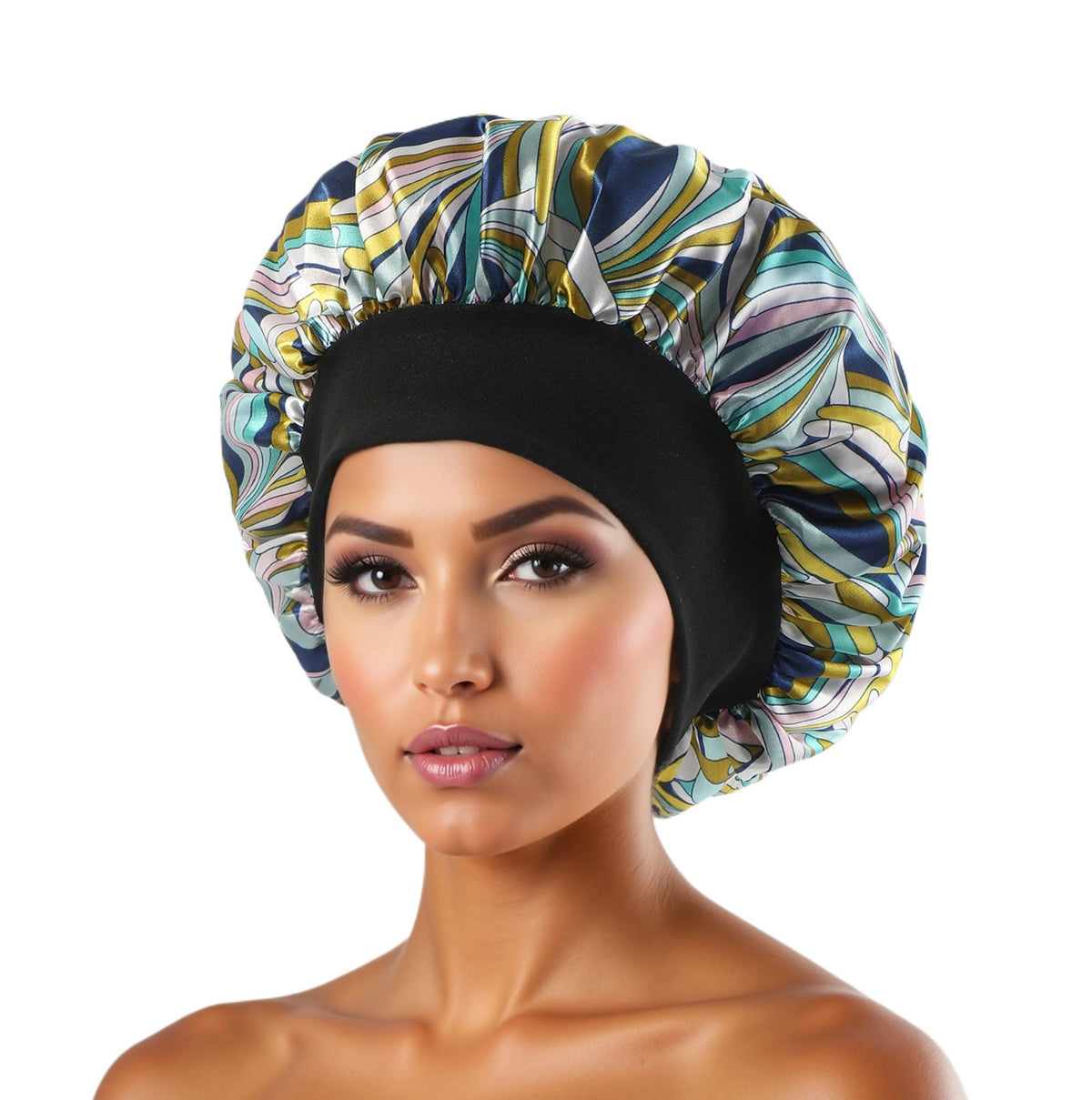 Green Yellow Wave Print satin sleep bonnet with ruffled crown and wide elastic band, 30 cm diameter