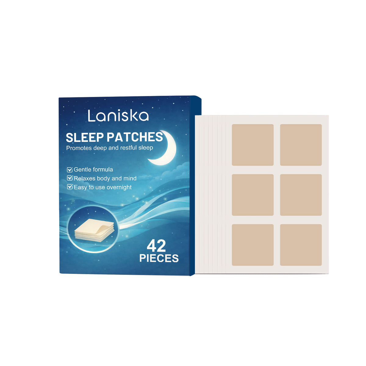 Laniska sleep patches shown with the box and easy peel cards