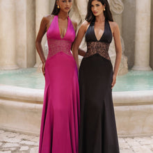 Women's Halter Neck Lace Waist Satin Maxi Evening Gown