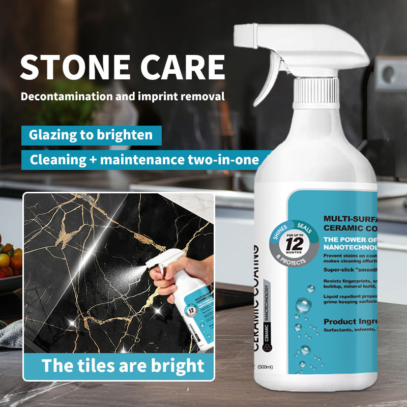 Spray brightens a black marble surface for stone care and shine