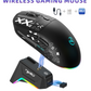 Black T90 gaming mouse docked on a black RGB charging base with a USB receiver, T90PRO Black option