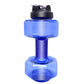 Translucent dumbbell shaped bottle filled part way to show the visible fill line