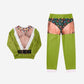 Green novelty ugly Christmas pajama with a printed hairy chest gag, fur trim, belt and string lights