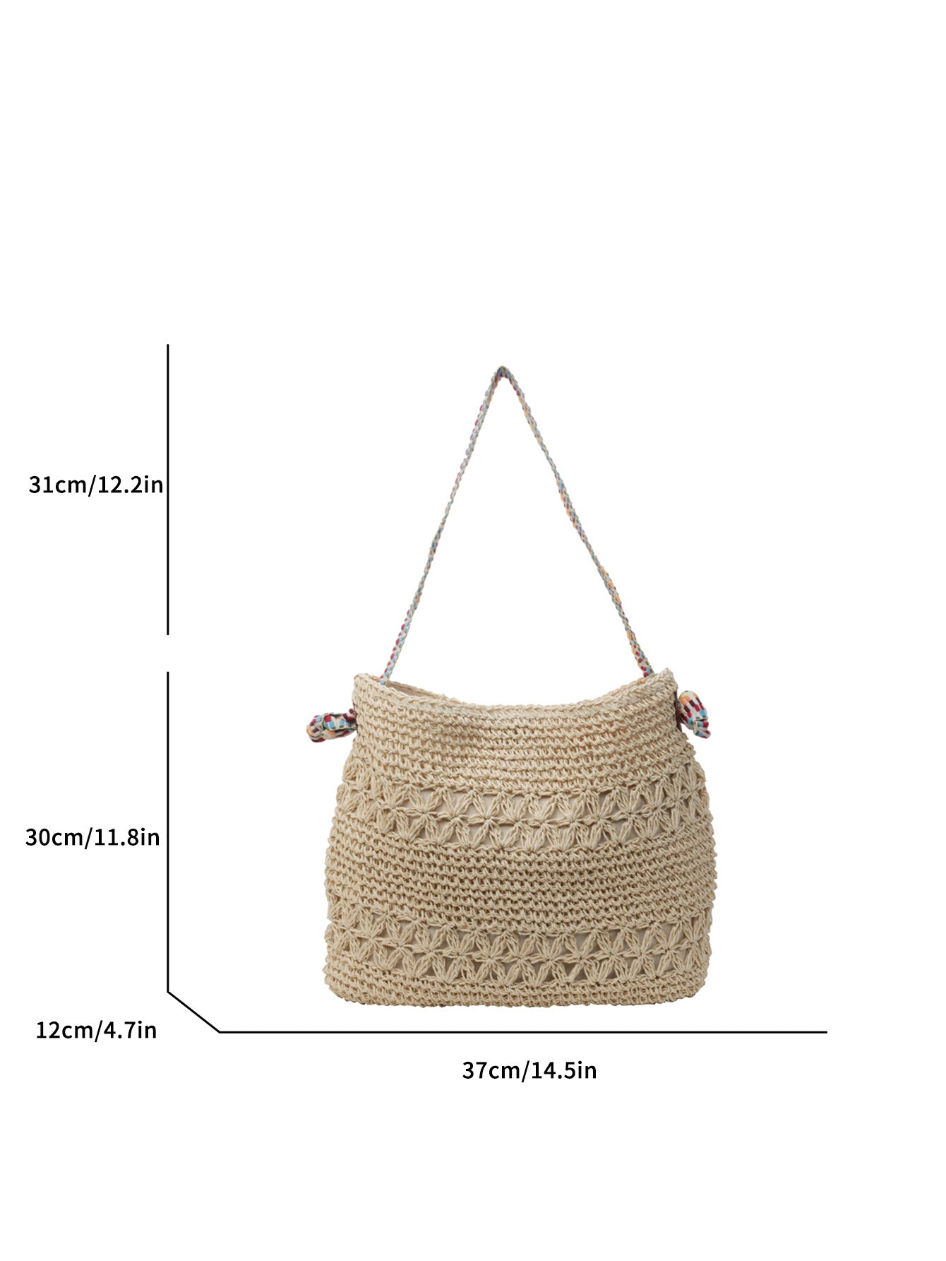 Beige straw tote bag dimension diagram showing 37 by 30 by 12 cm size