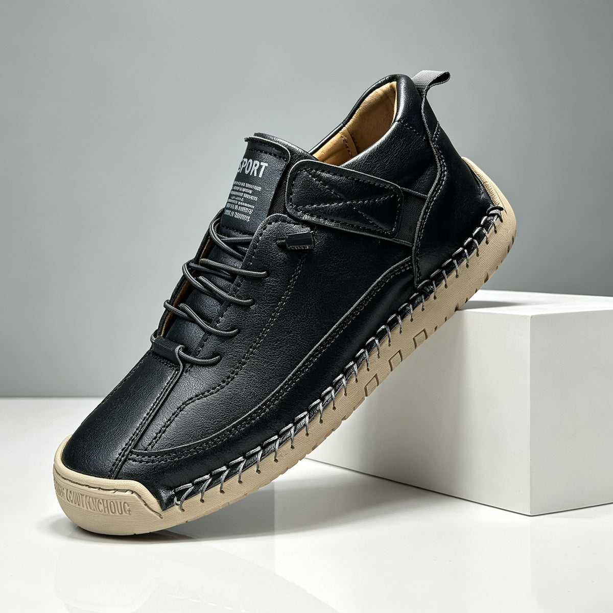 Flexible rubber sole and stitched welt on the casual shoe