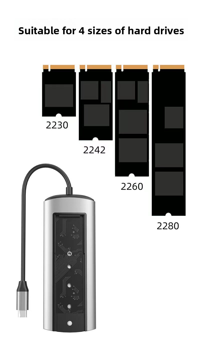 USB-C dock shown with four M.2 SSD sizes 2230 2242 2260 and 2280 for the internal slot