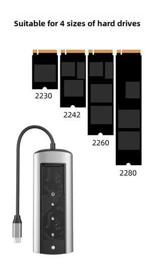 USB-C dock shown with four M.2 SSD sizes 2230 2242 2260 and 2280 for the internal slot