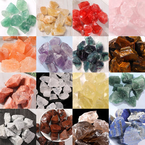 Grid of sixteen natural raw crystal stone types in green, amber, red, purple and brown