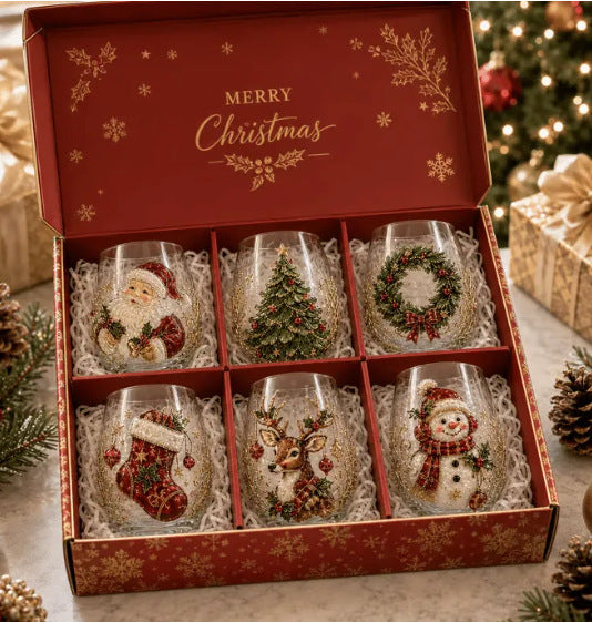 Christmas gift box set of borosilicate holiday glass cups with raised painted motifs