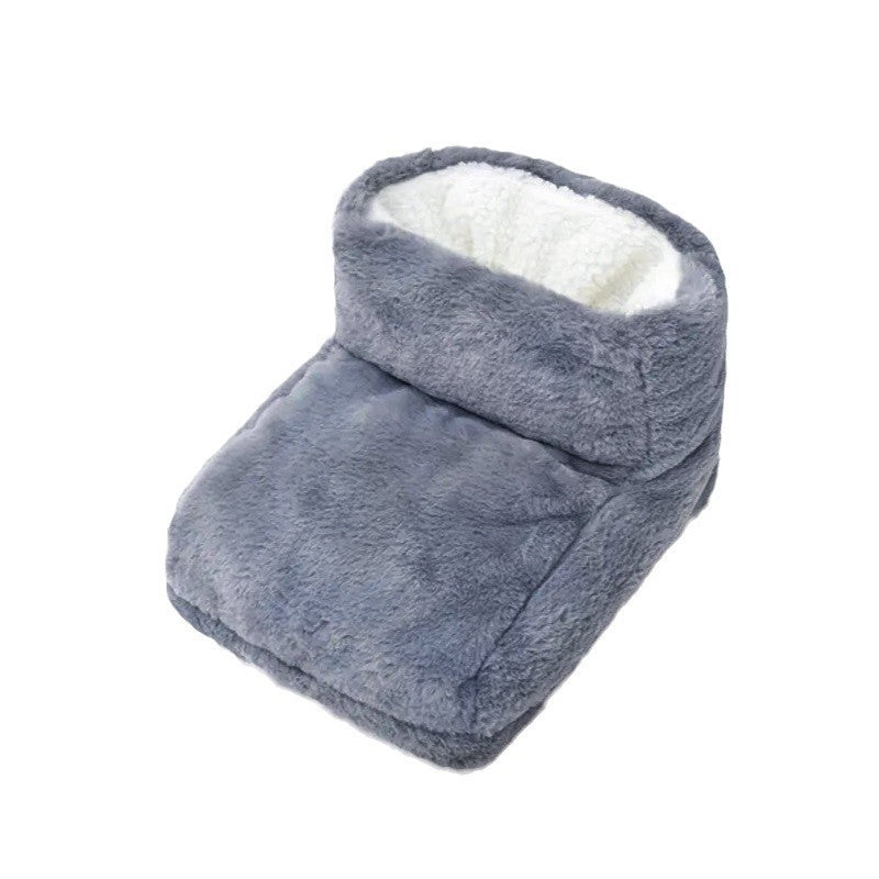 Gray plush foot warmer boot with white plush lining on a white background, front three quarter view