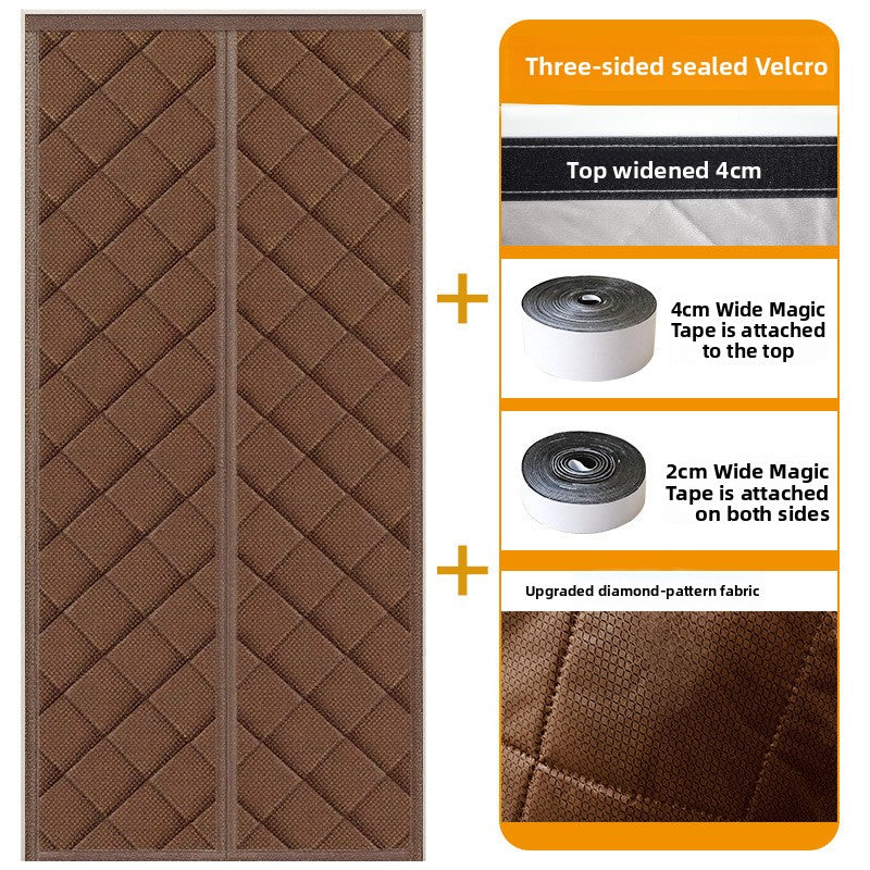Three sided Velcro seal at the top of the brown thermal door curtain