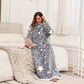 Grey glow in the dark star fleece hooded robe shown at full ankle length on a standing model