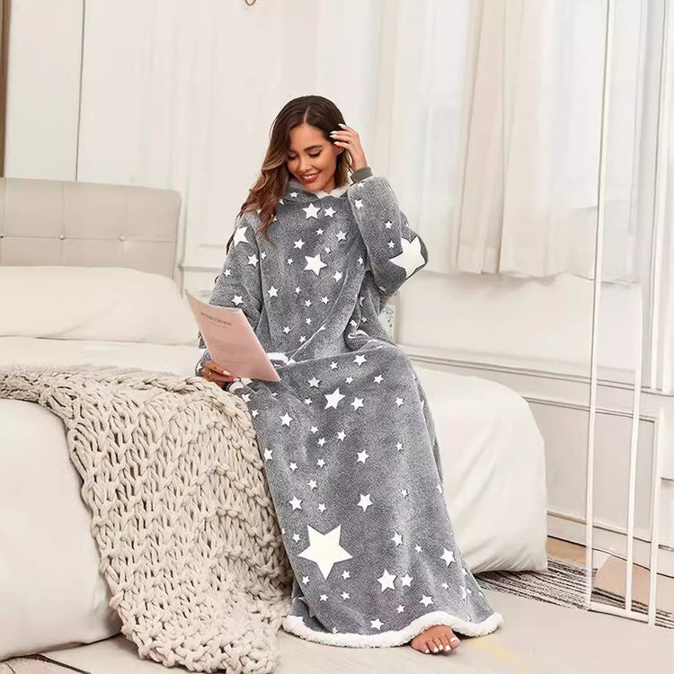 Grey glow in the dark star fleece hooded robe shown at full ankle length on a standing model