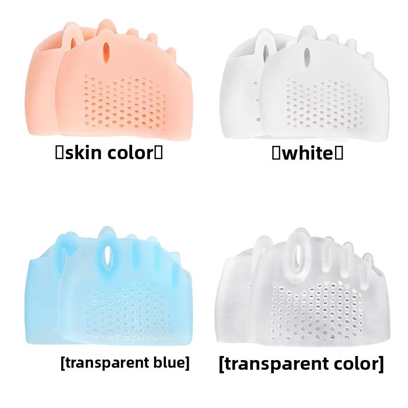 Four SEBS forefoot cushion pads in white nude clear and blue stacked together