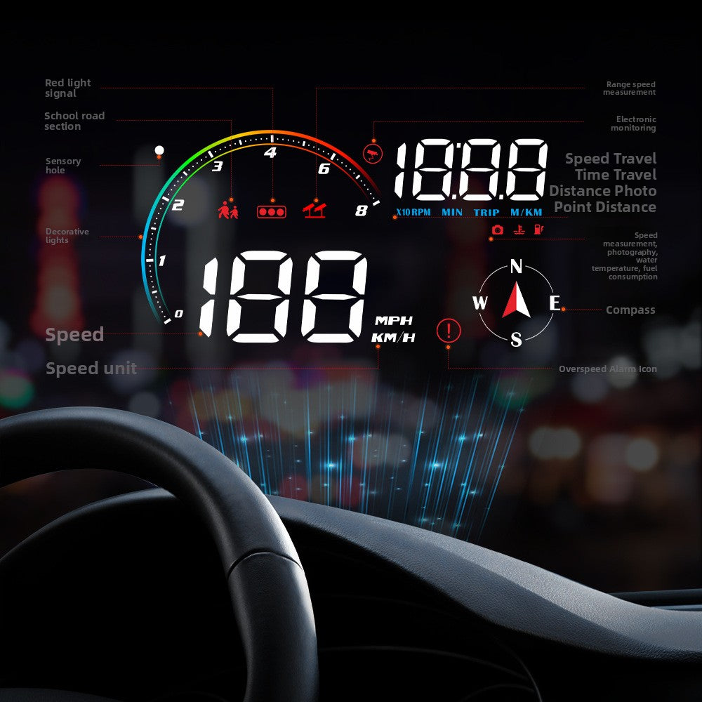 Black car head up display unit with an LED screen showing speed, RPM and a compass