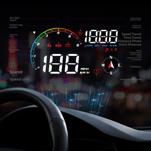 Black car head up display unit with an LED screen showing speed, RPM and a compass