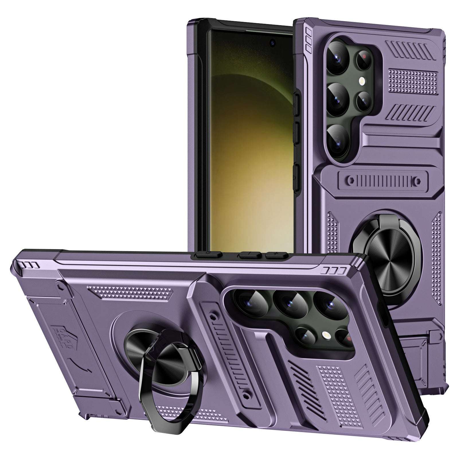 Purple rugged Galaxy case, hinged metal ring on the back and ribbed textured panels