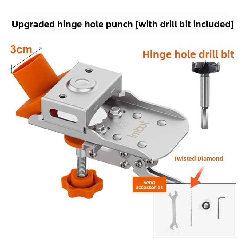 Upgraded hinge hole punch with drill bit included and a 3 cm orange dust cover, with wrench and hex key
