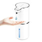 White sensor soap dispenser dropping a bead of liquid soap onto an open hand held below it