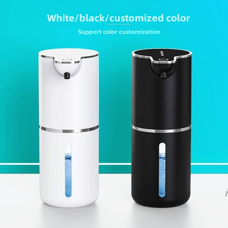 The dispenser in white and in black side by side, maker note on colour options