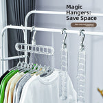 Transparent nine-hole plastic clothes hanger racks holding shirts on a white closet rail