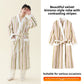 Off-white olive green and red striped fleece robe on a model, next to the robe laid flat with its belt tied
