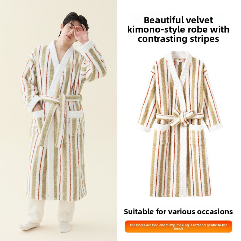 Off-white olive green and red striped fleece robe on a model, next to the robe laid flat with its belt tied