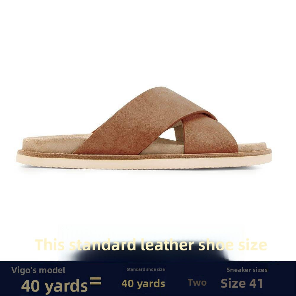Tan suede cross-strap slide sandal with cream sole and size panel, Millet color option, size 42