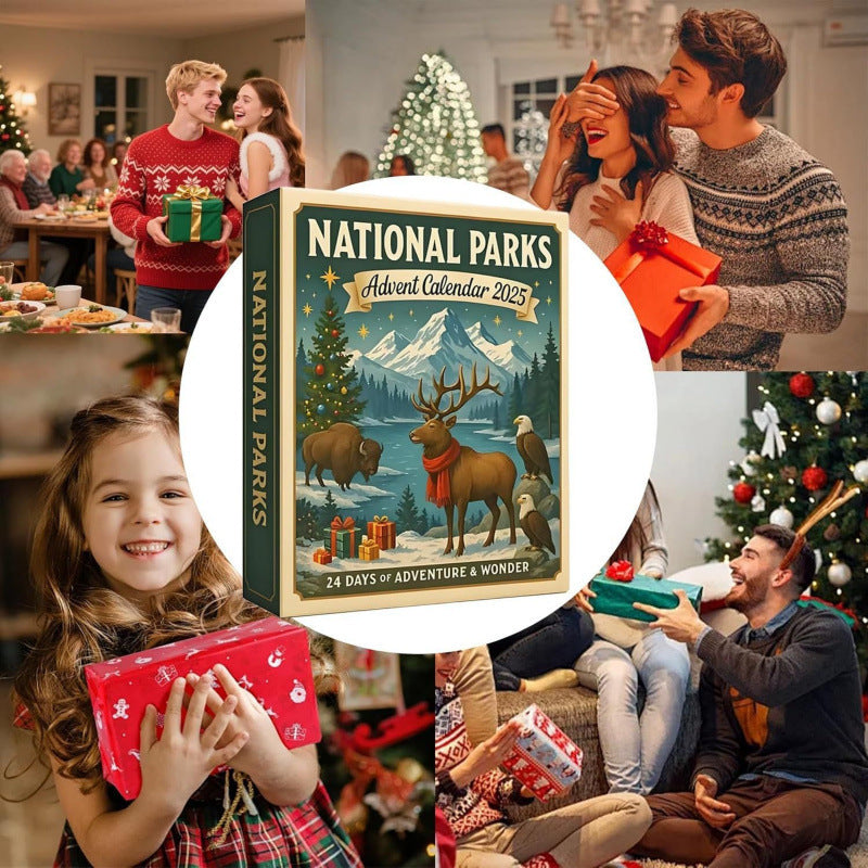 People exchanging gifts around a tree with the advent calendar box