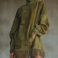 Olive green oversized vegan suede mock neck fringe dress with side pockets