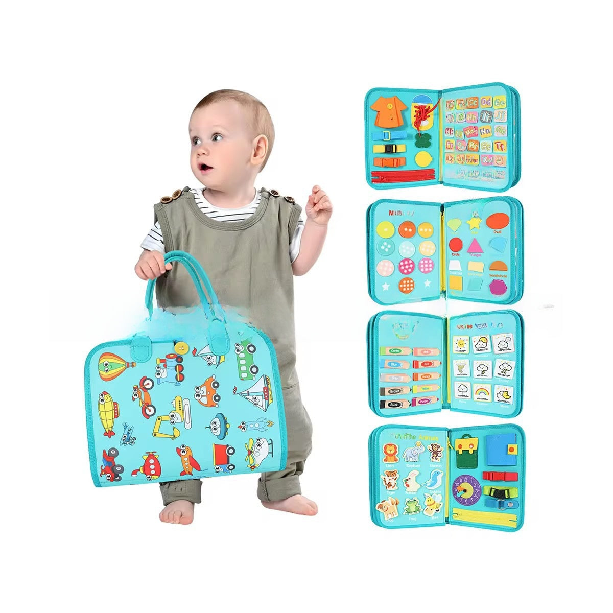 Felt busy board page with shapes and colours for young children
