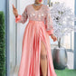 Sequin mesh bodice maxi dress with lantern sleeves and a wide satin skirt, worn view