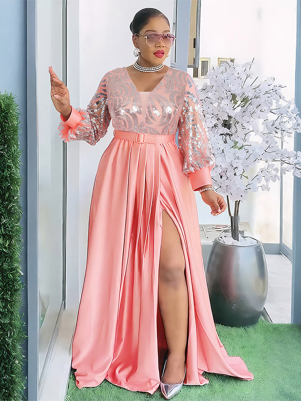 Sequin mesh bodice maxi dress with lantern sleeves and a wide satin skirt, worn view