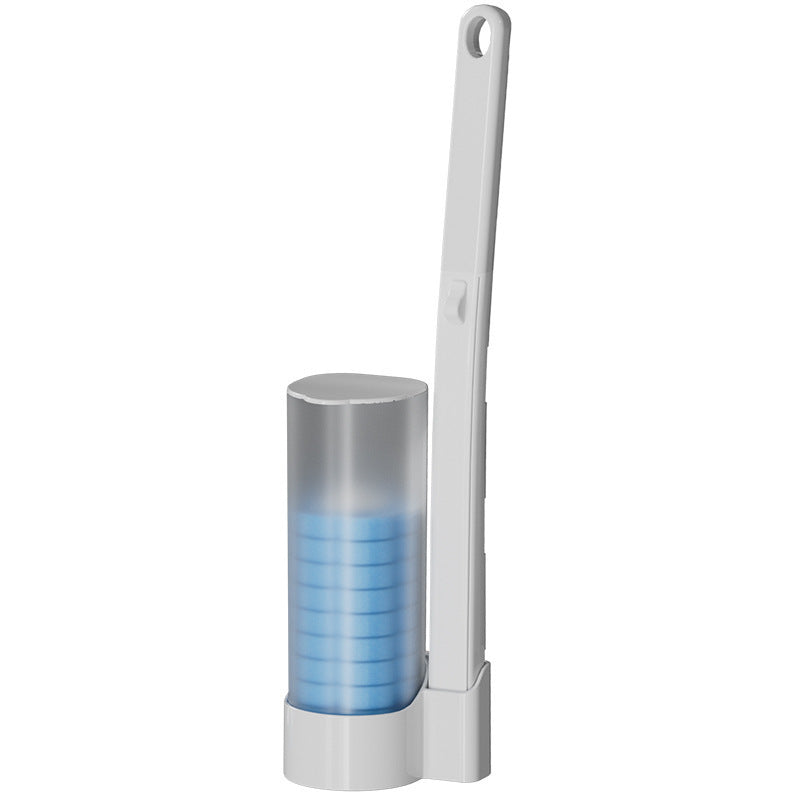 White toilet brush handle standing beside a frosted holder filled with a stack of blue sponge heads