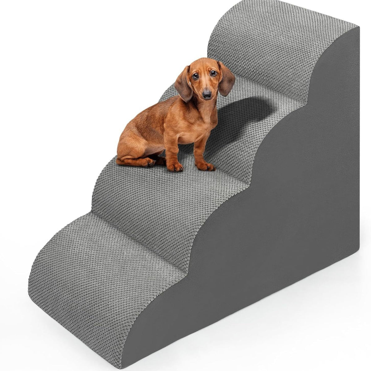 Dachshund sitting on the upper tier of gray foam pet stairs on a plain white background