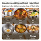 Grid showing the titanium snow pot steaming, stewing, boiling noodles, frying and braising food