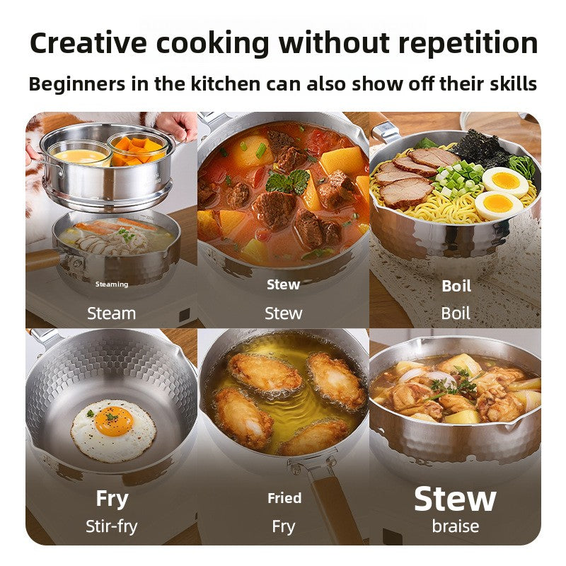 Grid showing the titanium snow pot steaming, stewing, boiling noodles, frying and braising food