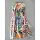 Loose polyester floral midi dress with a rounded doll collar and half button placket