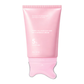 Front view of the 90 g pink neck cream tube with its two lobed translucent applicator cap
