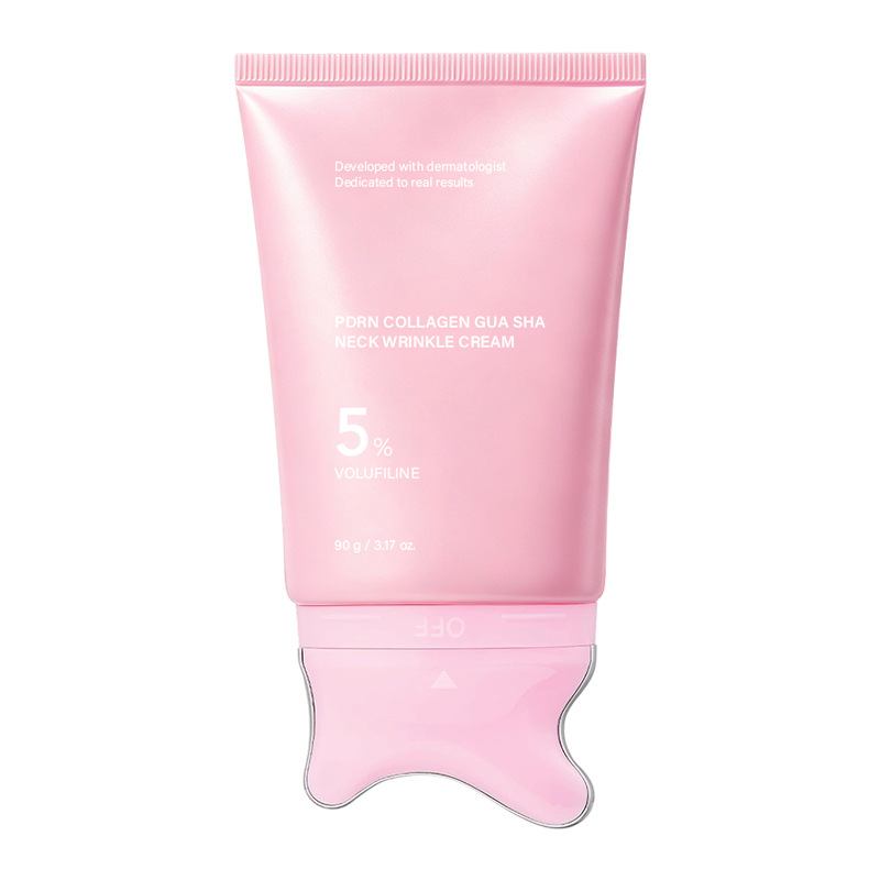 Front view of the 90 g pink neck cream tube with its two lobed translucent applicator cap