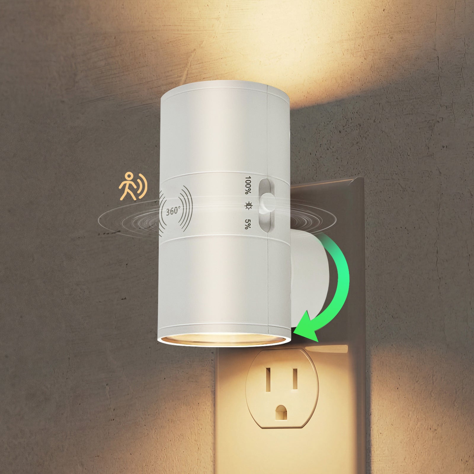 Black plug in LED night light lighting a pantry shelf hands free