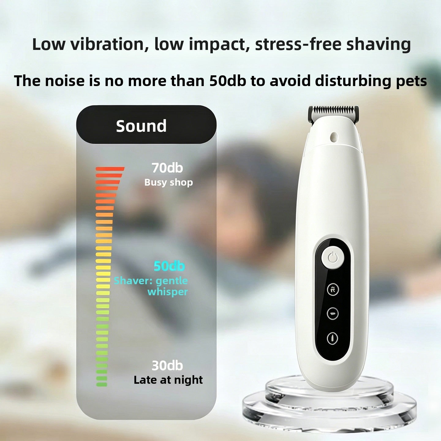 Two white and one green pet grooming trimmer arranged together on white studio blocks