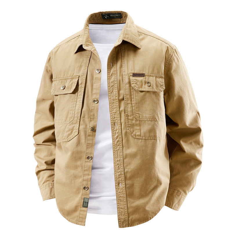 Men's khaki cotton shirt jacket with flap chest pockets, front view, size 5XL option