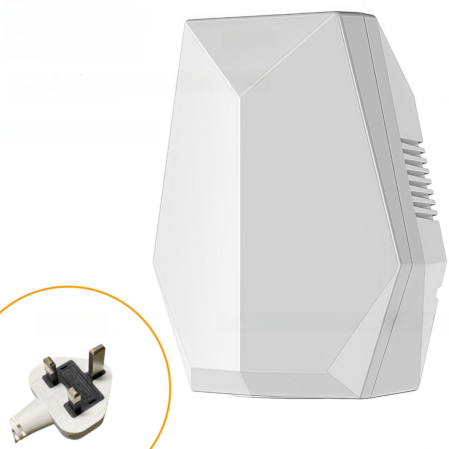 White automatic hand dryer shown with its UK standard power plug