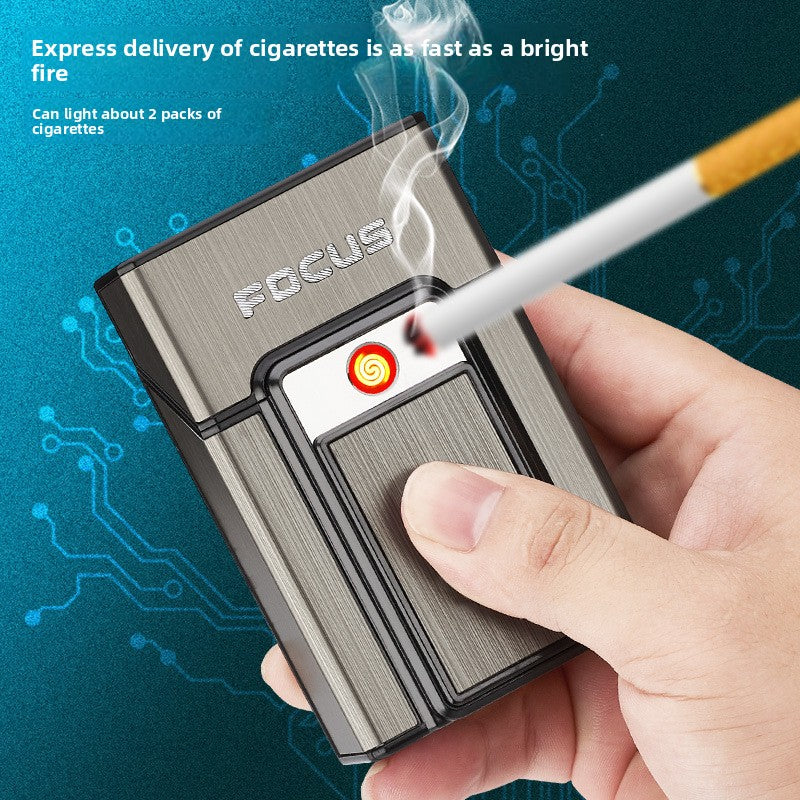Hand holding an aluminum cigarette case while its front coil lights a cigarette tip