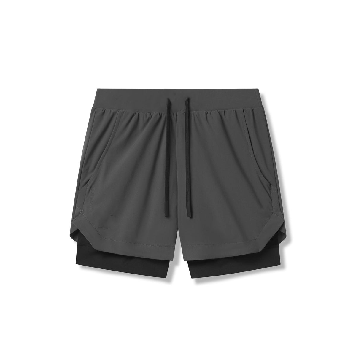 Two in one training shorts in dark gray shown flat with the inner liner, with the liner pulled out