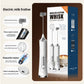 White handheld electric milk frother wand with coiled stainless whisk head