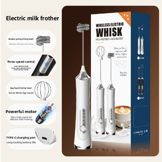 White handheld electric milk frother wand with coiled stainless whisk head