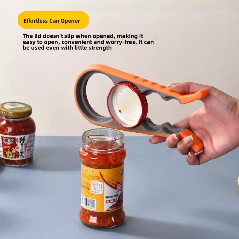 Multifunction jar and bottle opener held over a bottle cap