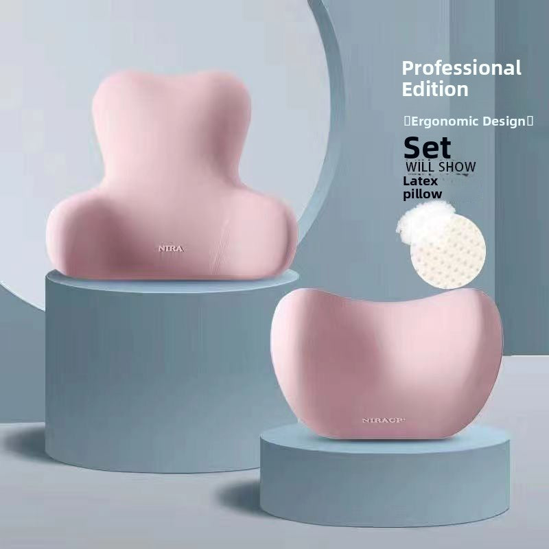 Pink memory foam lumbar cushion and neck pillow set shown as a pair